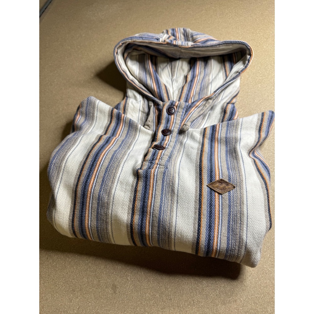 Billabong Mens Baja Hoodie XL Blue Orange Cream Striped Henley Pullover Sweater